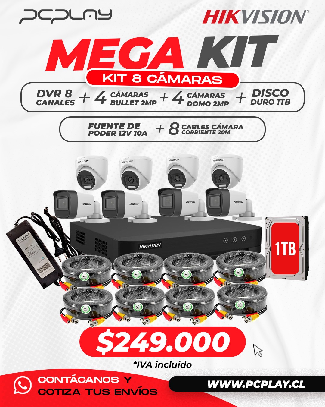 KIT DE 8 CÁMARAS HIKVISION CON DVR DE 8 CANALES + ACCESORIOS